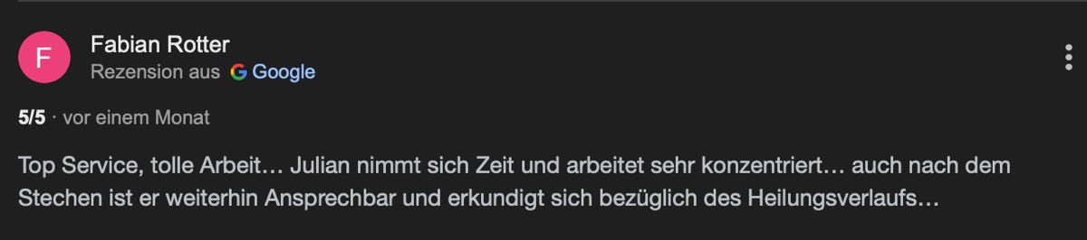 Ausschnitte der Googlebewertung von Sechseins Tattoo & Piercing