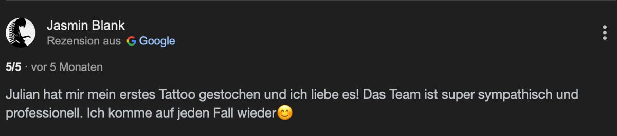 Ausschnitte der Googlebewertung von Sechseins Tattoo & Piercing
