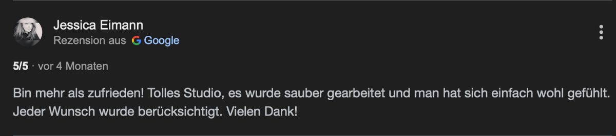 Ausschnitte der Googlebewertung von Sechseins Tattoo & Piercing   