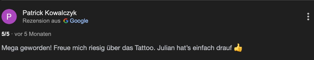 Ausschnitte der Googlebewertung von Sechseins Tattoo & Piercing